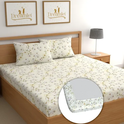 Image of DREAMLET Cotton Feel Fitted Bedsheets 180TC Double Bed Beige Floral 2 Pillow Covers