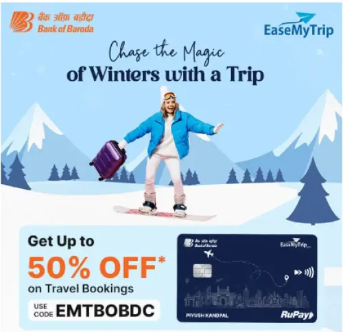 Image of EaseMyTrip Coupon : Save up to 50% on Travel Bookings using BOB EMT Debit Cards.