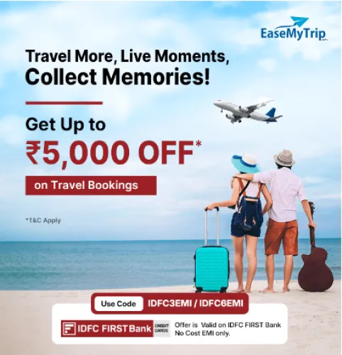 Image of EaseMyTrip Coupon : Save up to ₹5000 on Travel Flight & Hotel Bookings with IDFC First Bank No Cost EMI