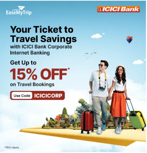 Image of EaseMyTrip Coupon : Up to 15% off on Flight, Hotel & Bus Bookings with ICICI Bank Corporate Internet Banking 