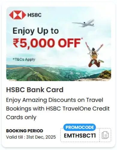 Image of EaseMyTrip Coupon : Save up to ₹5000 on Flight & Hotel Bookings with HSBC Travel One Credit Cards