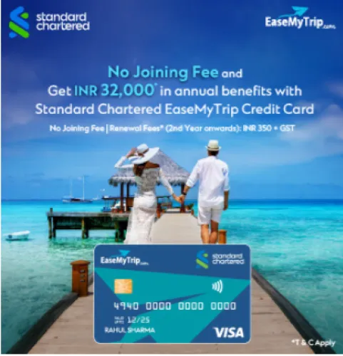 Image of EaseMyTrip Coupons : Annual Benifits worth ₹32000 on Flights, Hotels & Bus booked using Standard Chartered EaseMyTrip
