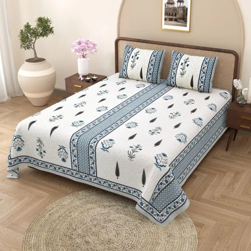 Image of EasyGoods® Jaipuri Cotton Double Bedsheet Set – Blue, 240 TC