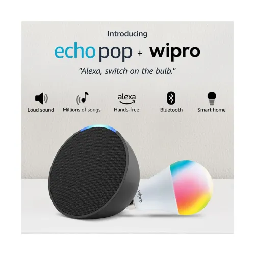 Image of Echo Pop (Black) Smart Home combo with Wipro 9W LED Smart Color Bulb