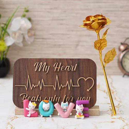 Image of eCraftIndia Valentine LOVE Showpiece with Golden Rose – Gift for Couples