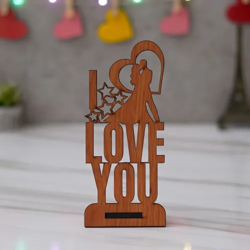 Image of eCraftIndia Brown Wooden Romantic Kissing Couple with I Love You Decorative Showpiece