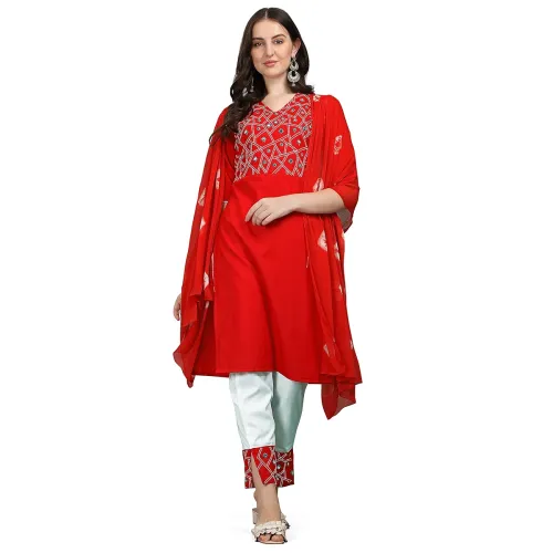 Image of EthnicJunction Women's Cotton Blend Embroidered Mirror Work Kurta Pant With Dupatta
