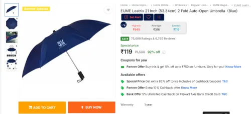 Image of EUME Leatrix 21 Inch (53.34cm) 2 Fold Auto-Open Umbrella (Blue)