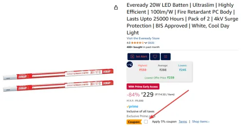 Image of Eveready 20W LED Batten Pack of 2