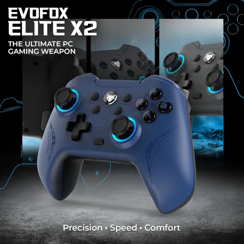 Image of EvoFox Elite X2 Wireless Gaming Controller For PCe, Dual Vibration Motors(Blue).