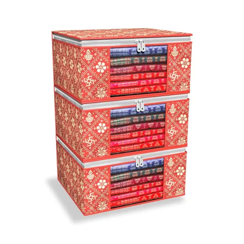 Image of FabPax Saree Storage Covers (Set of 3, Red-Golden) 