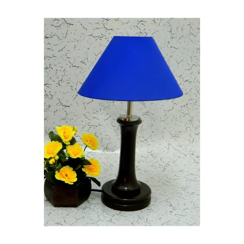 Image of Fashionable Wooden Table LAMP with Blue Shade