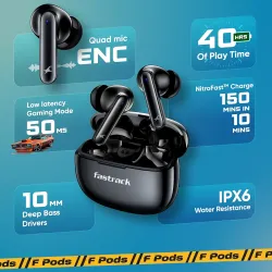 Fastrack Fpods Fx101|Bt5.4 TWS Earbuds, 40Hrs Playtime, Quad Mic Enc for Crystal Clear Calls, in Ear, Low Latency Gaming