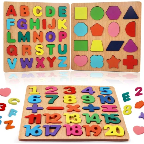 Image of Fat Brain Toys Colorful Wooden Puzzle Set Featuring 3D Capital Alphabets