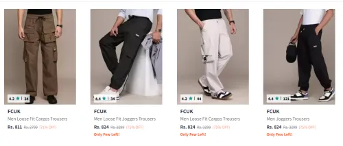 Image of FCUK Men Loose Fit Cargos Trousers up to @ ₹75% Discount