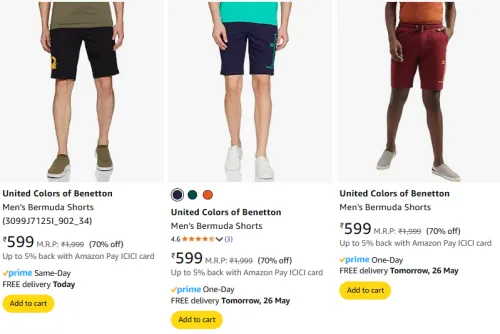 Image of Flat 70% Discount on United Colors of Benetton Men's Shorts