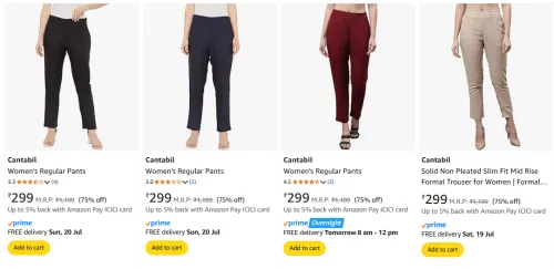 Image of Flat 75% Discount on Cantabil Women's Trousers