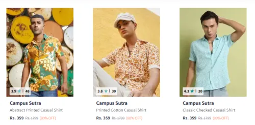 Image of Flat 80% Discount on Campus Sutra Men's Shirts