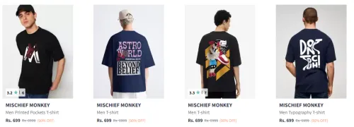 Image of Flat 90% Discount on MISCHIEF MONKEY Men's T-shirts