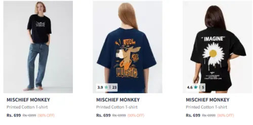 Image of Flat 90% Discount on MISCHIEF MONKEY Women's T-shirts 
