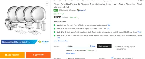 Image of Flipkart SmartBuy Pack of 24 Stainless Steel Kitchen for Home | Heavy Gauge Dinner Set (Steel, M