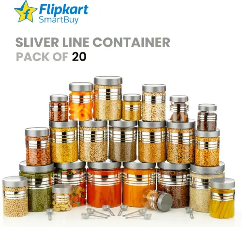 Image of Flipkart SmartBuy Plastic Grocery Container - 1200 ml, 650 ml, 350 ml, 250 ml (Pack of 20, Silver)