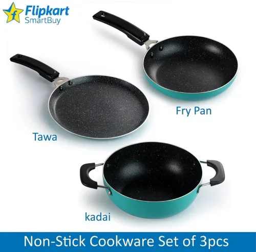 Image of Flipkart SmartBuy Spetter Finish 3 Piece Non-Stick Combo Set of Dosa Tawa, Fry Pan & Kadhai Non-Stick Coated Cookware Se