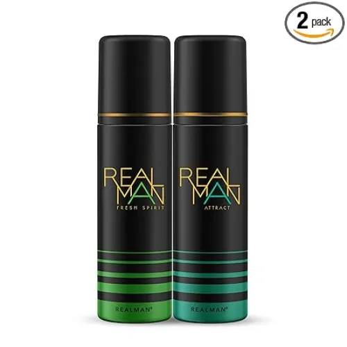 Image of FOGG Men Realman Aerosol Fresh Scent Deodorant Sprit + Attract, 400Ml (Pack Of 2)