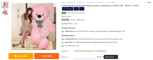 Image of FOOFII Big Size 88.9 cm Teddy Bear