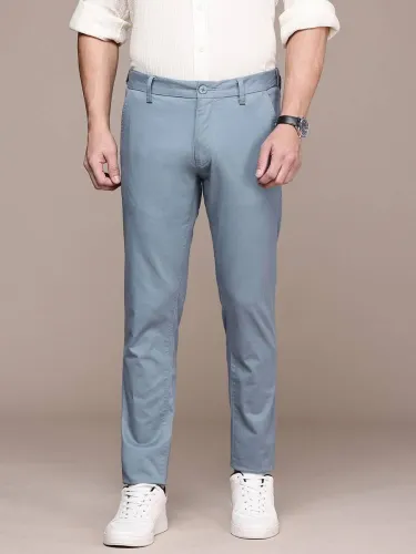 Image of French Connection Men Slim Fit Blue Cotton Blend Trousers