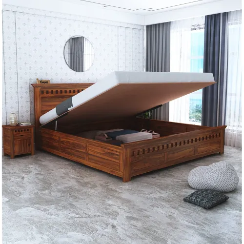 Image of Ganpati Arts Solid Sheesham Wood Armania King Size Bed with Hydraulic Storage - 1 Year Warranty