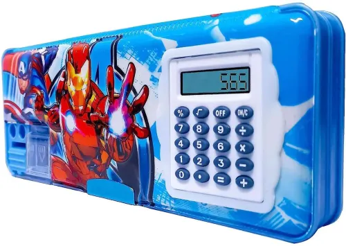 Image of Avenger Design Printed pencil geometry box Dual Sharpener & Calculator Double sided Stationary Box for Kids Pencil Box R
