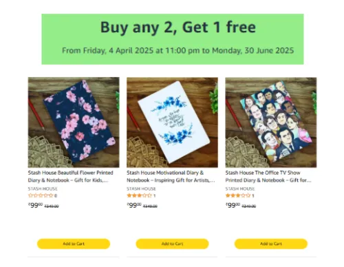 Image of Amazon offer : Add any 2 notebooks to cart and get 1 free