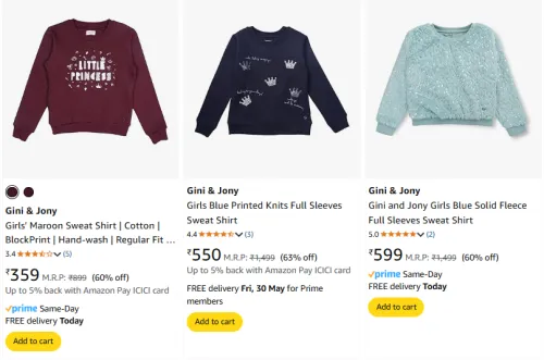 Image of Gini & Jony Girls Sweatshirts at minimum 60% Discount