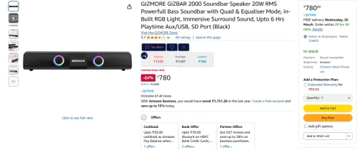 Image of GIZMORE GIZBAR 2000 Soundbar Speaker 20W RMS Powerfull Bass Soundbar