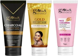 Globus Naturals Charcoal, Gold & Rice Peel Off Mask Combo Pack