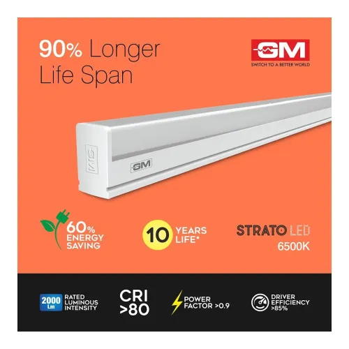 Image of GM Strato 20 Watt LED Batten Tube Light, 100 Lumens Per Watt, 6500K