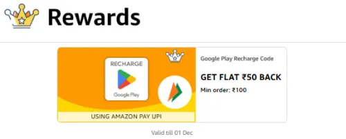 Image of Google play Recharge Code Get Flat ₹50 Back Min. Order Value ₹100 @ Amazon