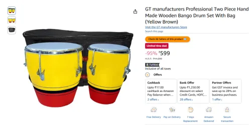 Image of GT manufacturers Professional Two Piece Hand Made Wooden Bango Drum