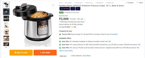 Image of Hamilton Beach 34502CE-IN Electric Pressure Cooker