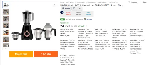 Image of HAVELLS Hydro 1000 W Mixer Grinder 4 Jars