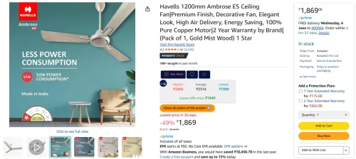 Image of Havells 1200mm Ambrose ES Ceiling Fan