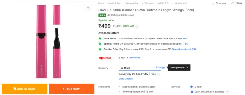 Image of HAVELLS 5006 Trimmer 45 min Runtime 2 Length Settings (Pink)
