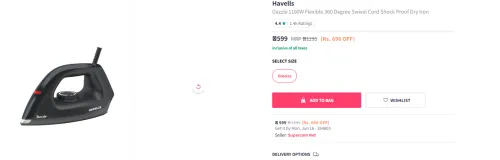 Image of Havells Dazzle 1100W Flexible 360 Degree Dry Iron
