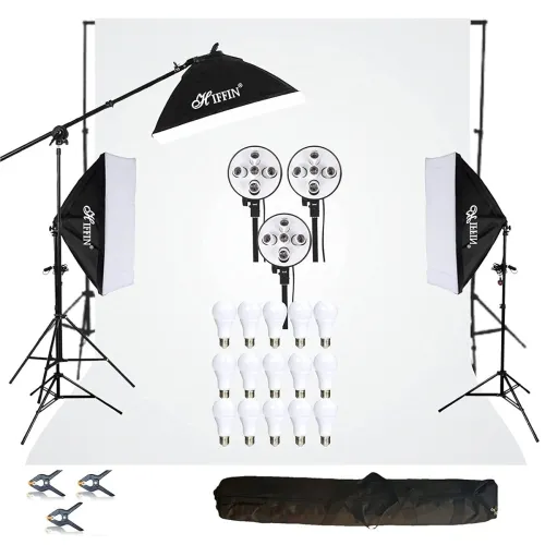 Image of HIFFIN 5 PRO Quadlux Mark III Soft LED Lighting Kit + 9x10ft White Backdrop + Stand System