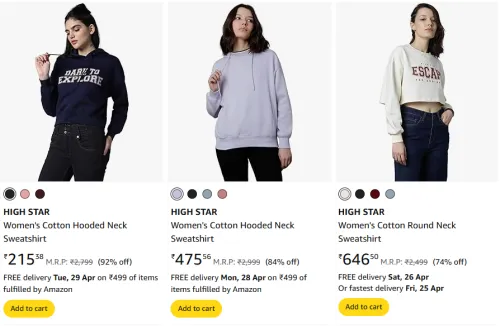 Image of HIGH STAR Women's Hooded Neck Sweatshirt Starting Price At @ ₹215