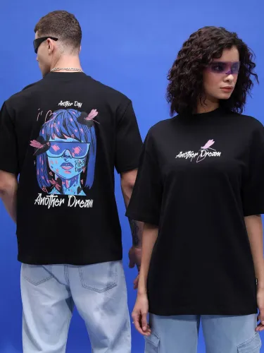 Image of HIGHLANDER Couple Solid Round Neck Cotton Blend Black T-Shirt