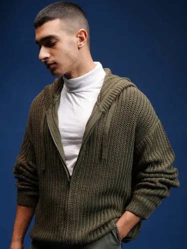 Image of HIGHLANDER Men Self Design Hooded Neck Green Sweater