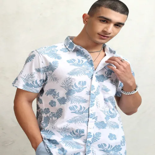 Image of HIGHLANDER Men White & Blue Slim Fit Printed Casual Shirt
