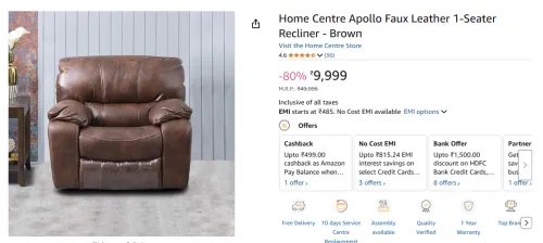 Image of Home Centre Apollo Faux Leather 1-Seater
